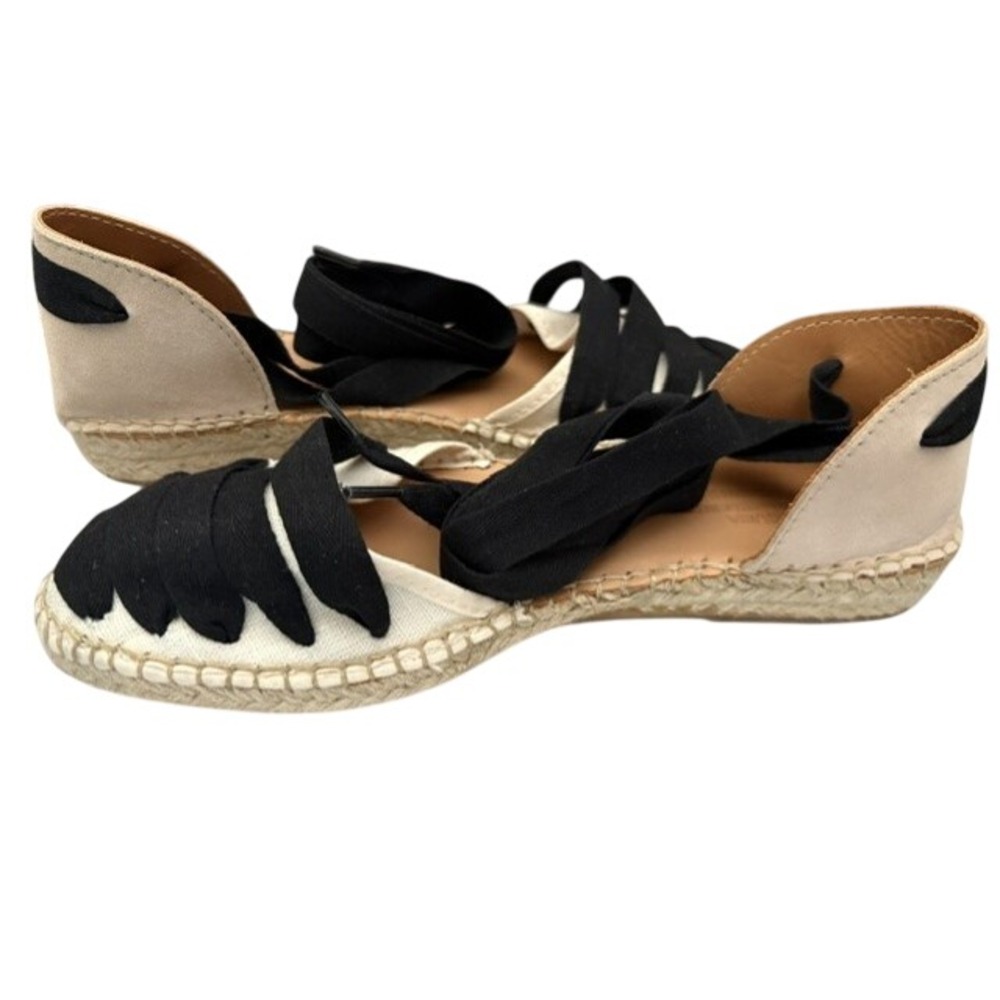 Naguisa Spain Handcrafted Lace Up Espadrille Flats Cream Black Tan Suede